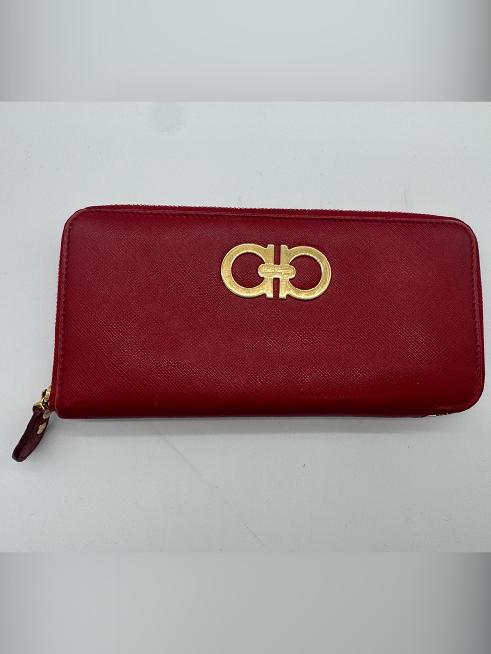 Salvatore Ferragamo Burgundy Leather Zip Wallet with Gold Gancini